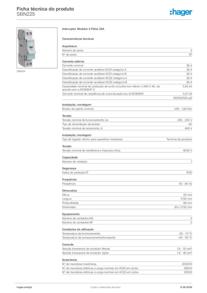 Imagem Hager Ficha técnica do produto SBN225 | Hager Portugal