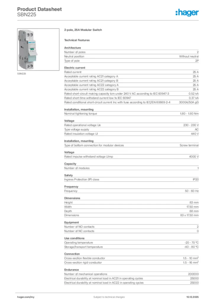 Image Hager Product data sheet SBN225  | Hager
