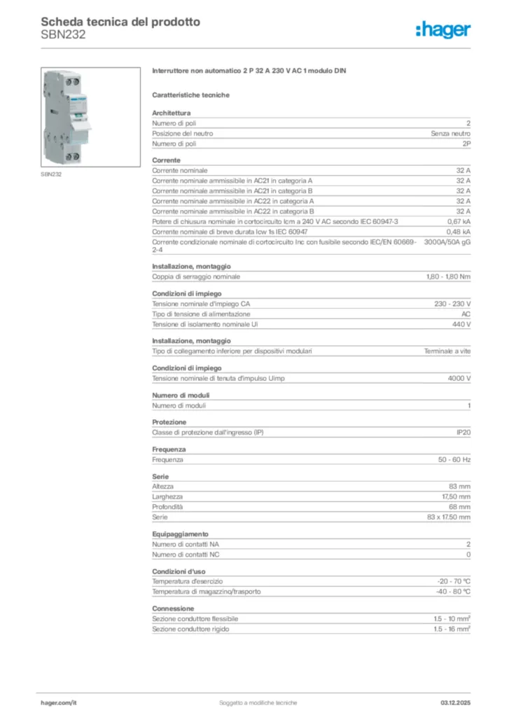 Immagine Hager Scheda tecnica del prodotto SBN232 | Hager Italia