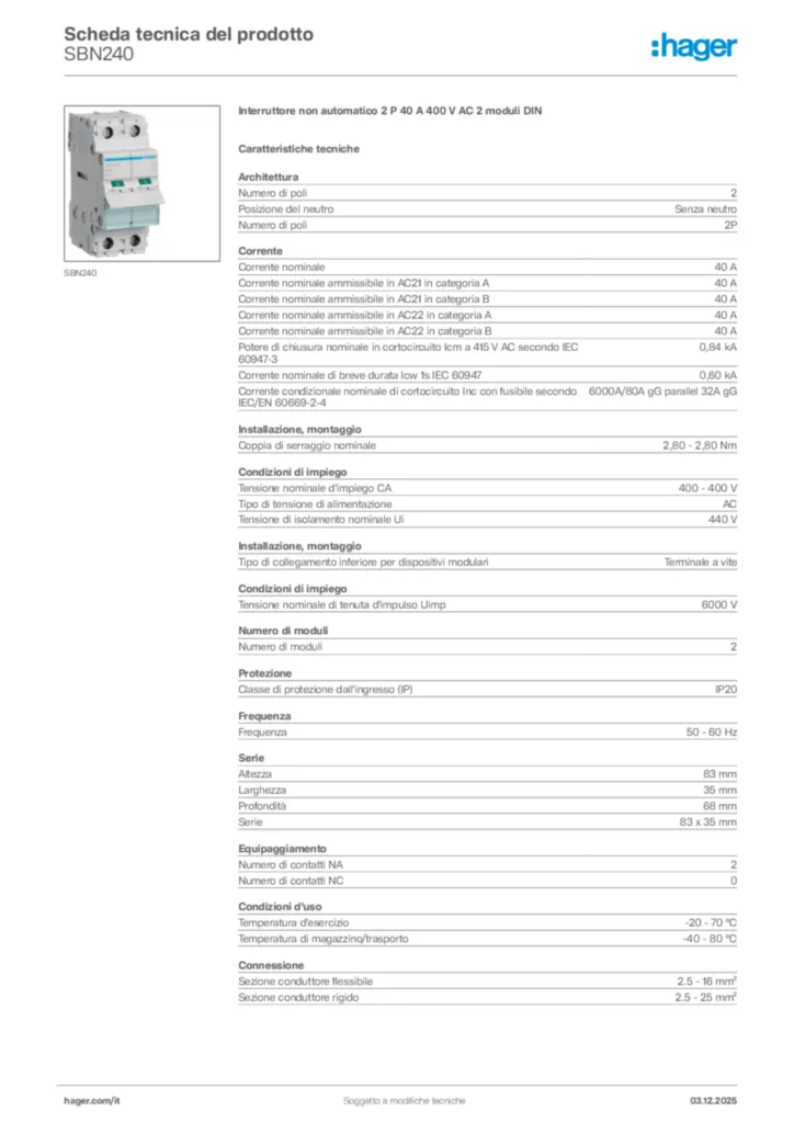 Immagine Hager Scheda tecnica del prodotto SBN240 | Hager Italia