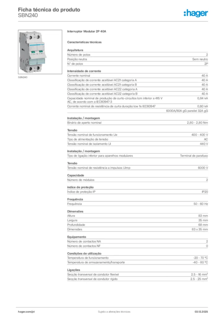 Imagem Hager Ficha técnica do produto SBN240 | Hager Portugal