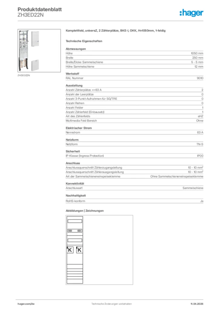 Bild Hager Produktdatenblatt ZH3ED22N | Hager Deutschland