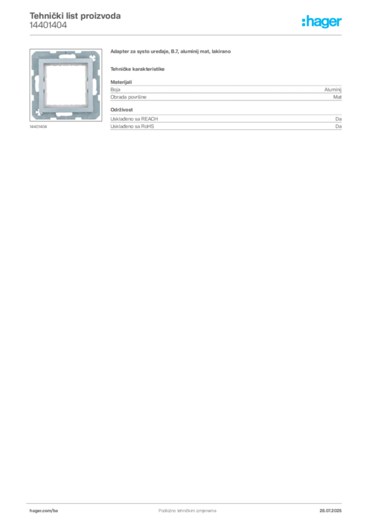 Slika Hager Product data sheet 14401404  | Hager