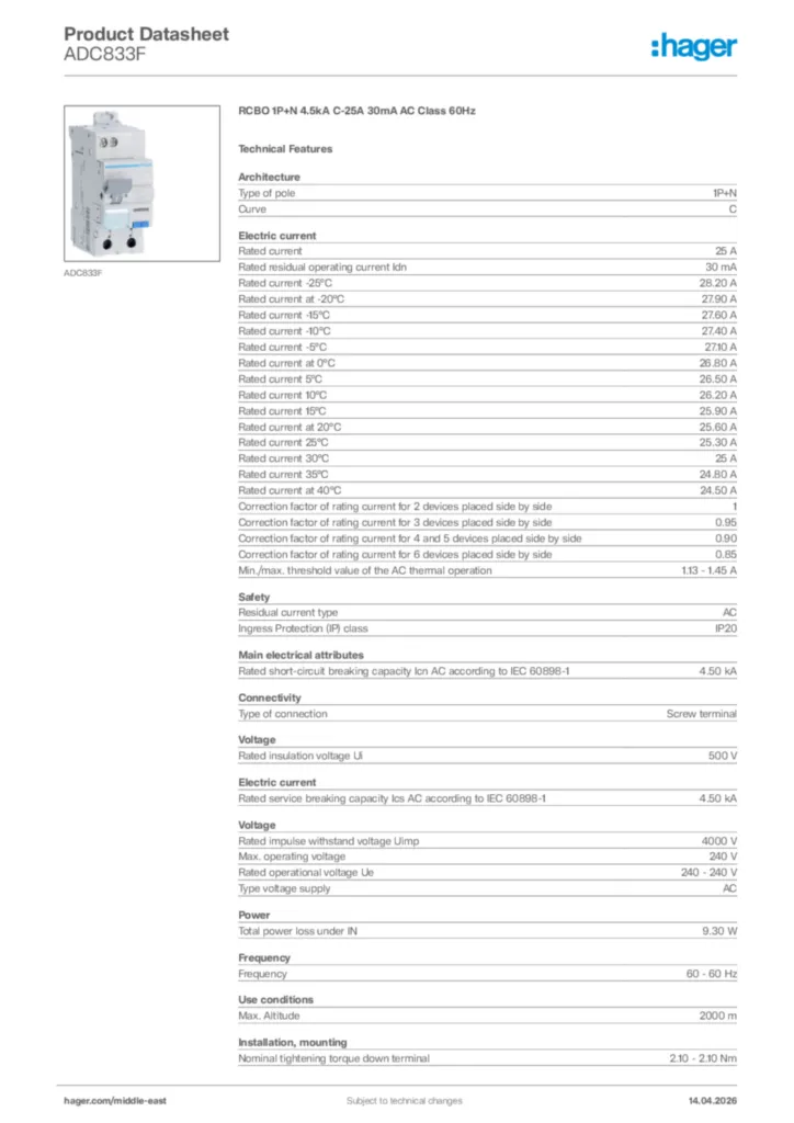 Image Hager Product data sheet ADC833F  | Hager