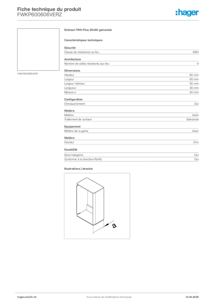 Image Hager Fiche technique du produit FWKP600606VERZ | Hager Suisse