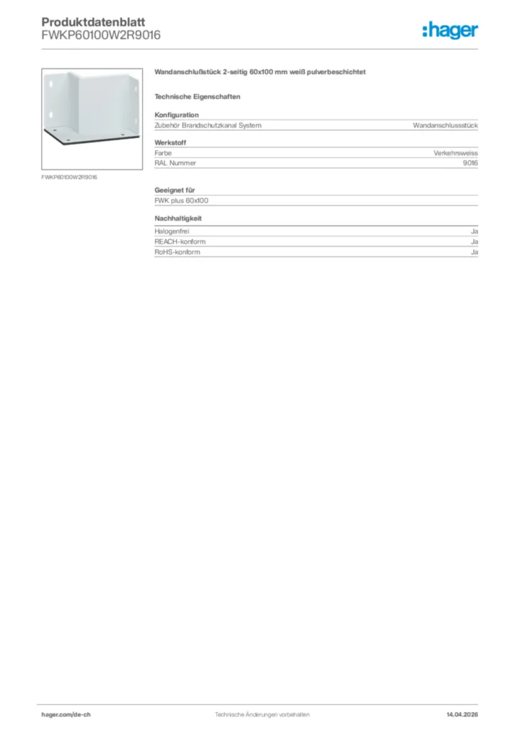 Bild Hager Produktdatenblatt FWKP60100W2R9016 | Hager Schweiz