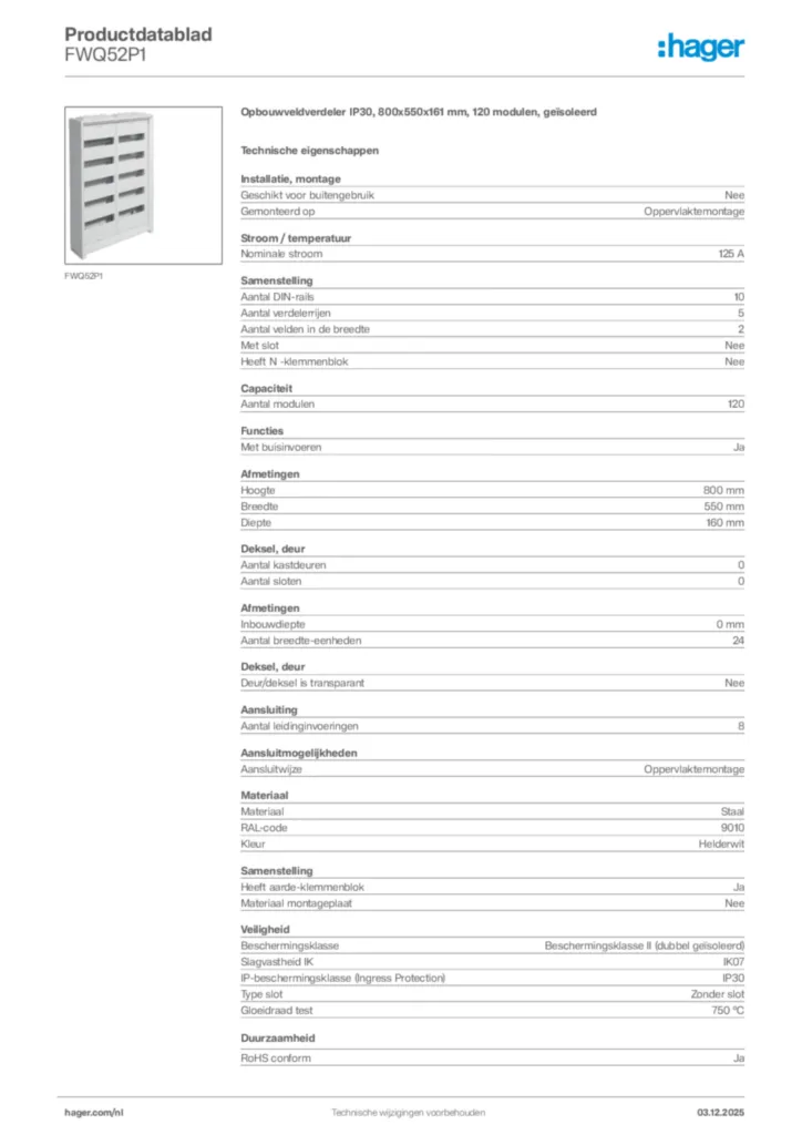 Afbeelding Hager Productdatablad FWQ52P1 | Hager Nederland