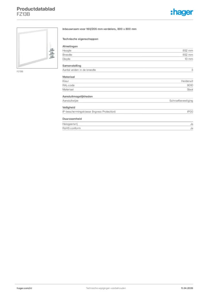 Afbeelding Hager Productdatablad FZ13B | Hager Nederland