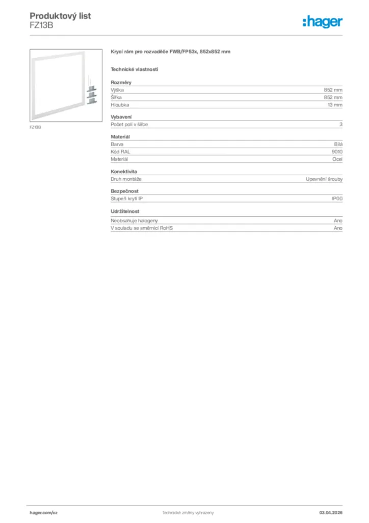 Obrázek Hager Product data sheet FZ13B | Hager