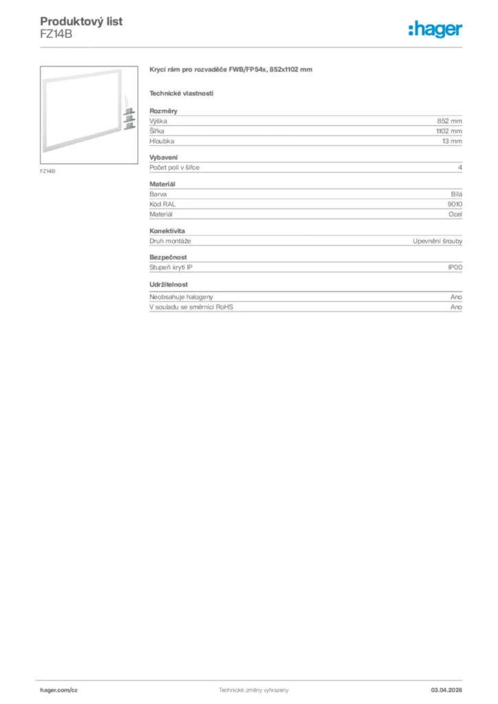 Obrázek Hager Product data sheet FZ14B | Hager