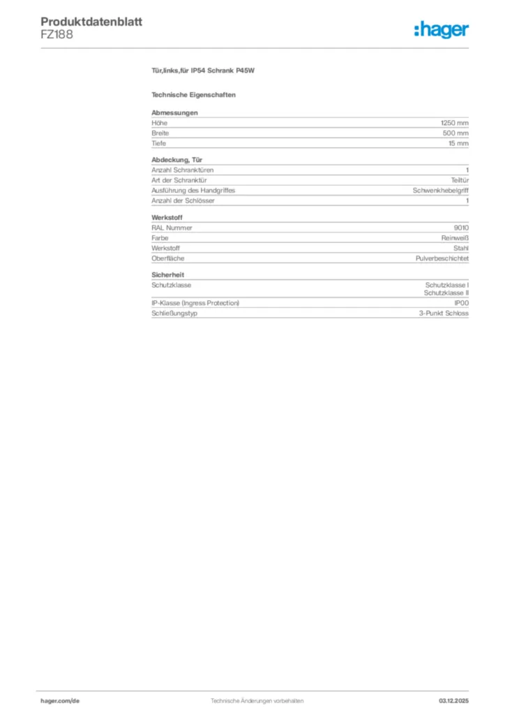 Bild Hager Produktdatenblatt FZ188 | Hager Deutschland