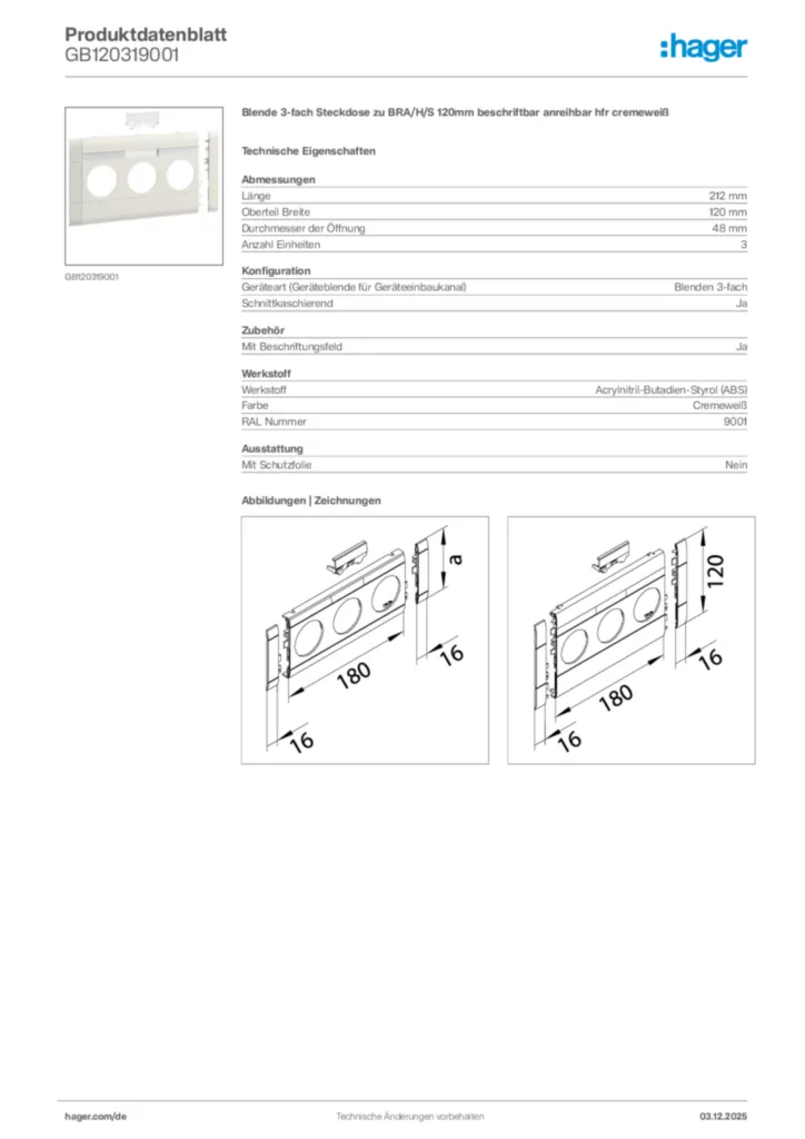 Bild Hager Produktdatenblatt GB120319001 | Hager Deutschland