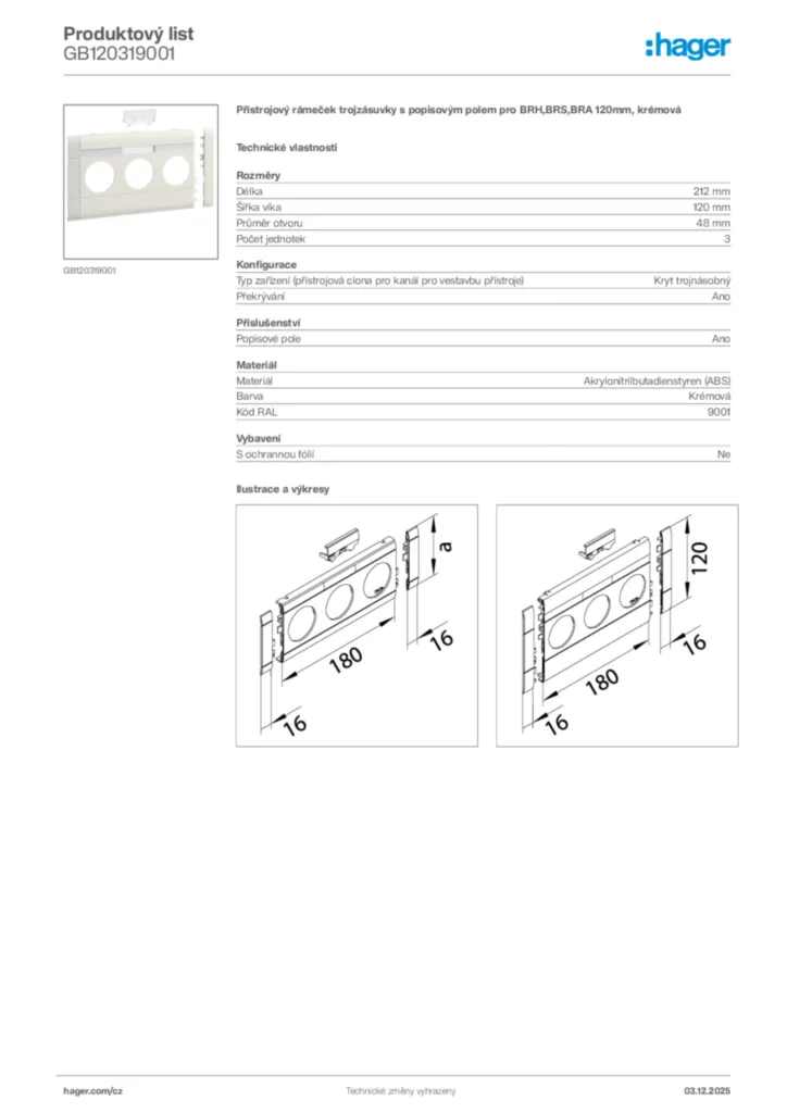 Obrázek Hager Product data sheet GB120319001 | Hager