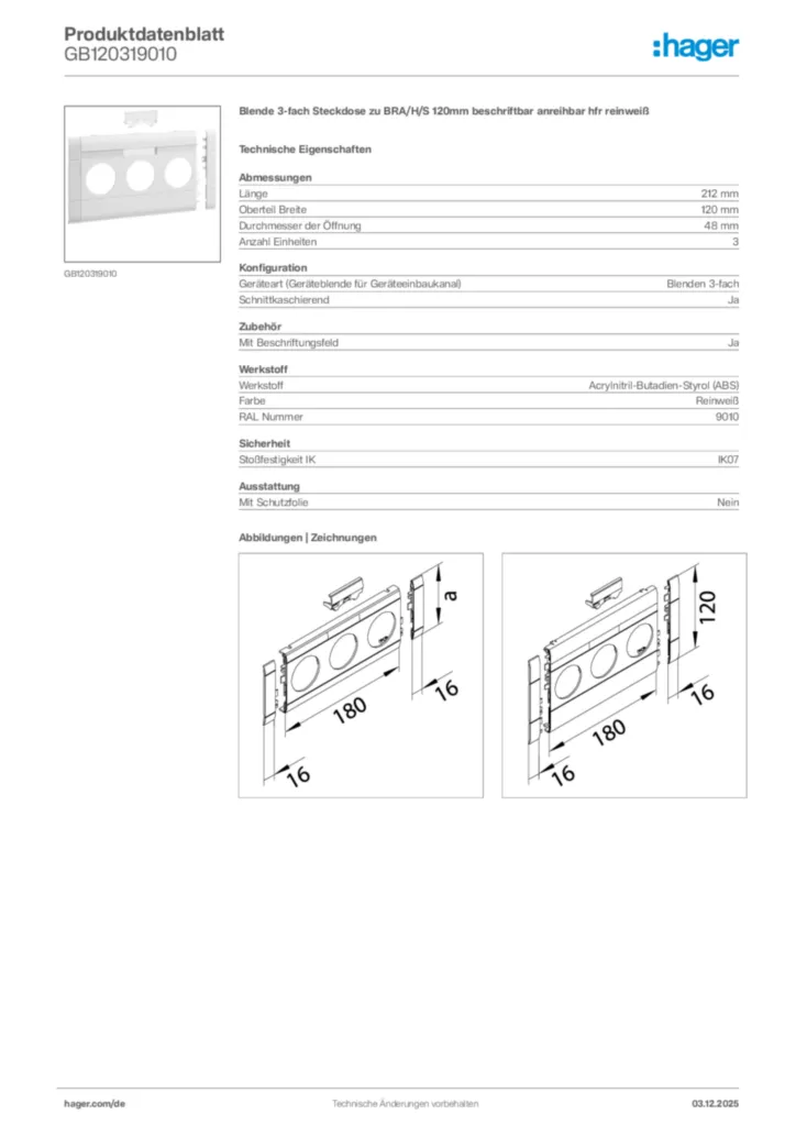 Bild Hager Produktdatenblatt GB120319010 | Hager Deutschland
