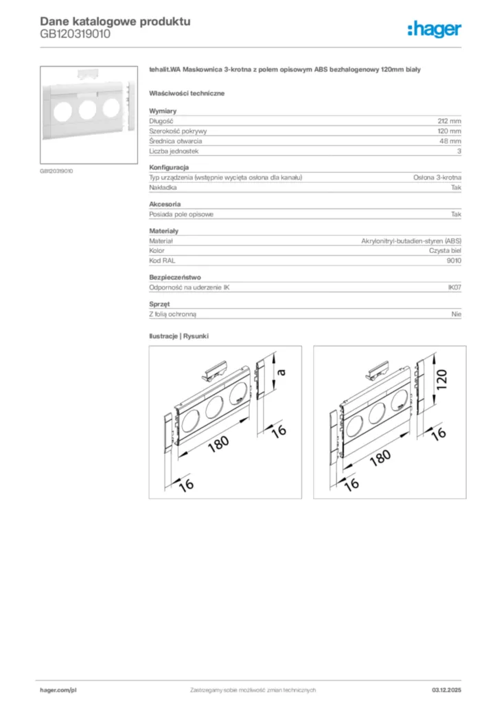 Zdjęcie Hager Karta katalogowa GB120319010 | Hager Polska