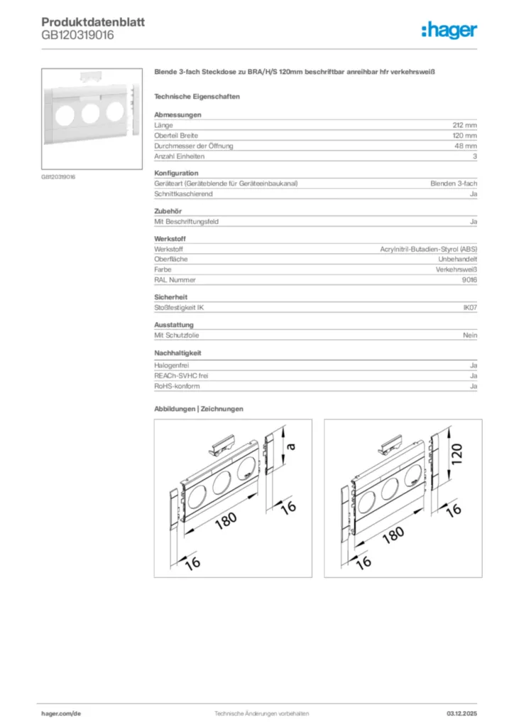 Bild Hager Produktdatenblatt GB120319016 | Hager Deutschland