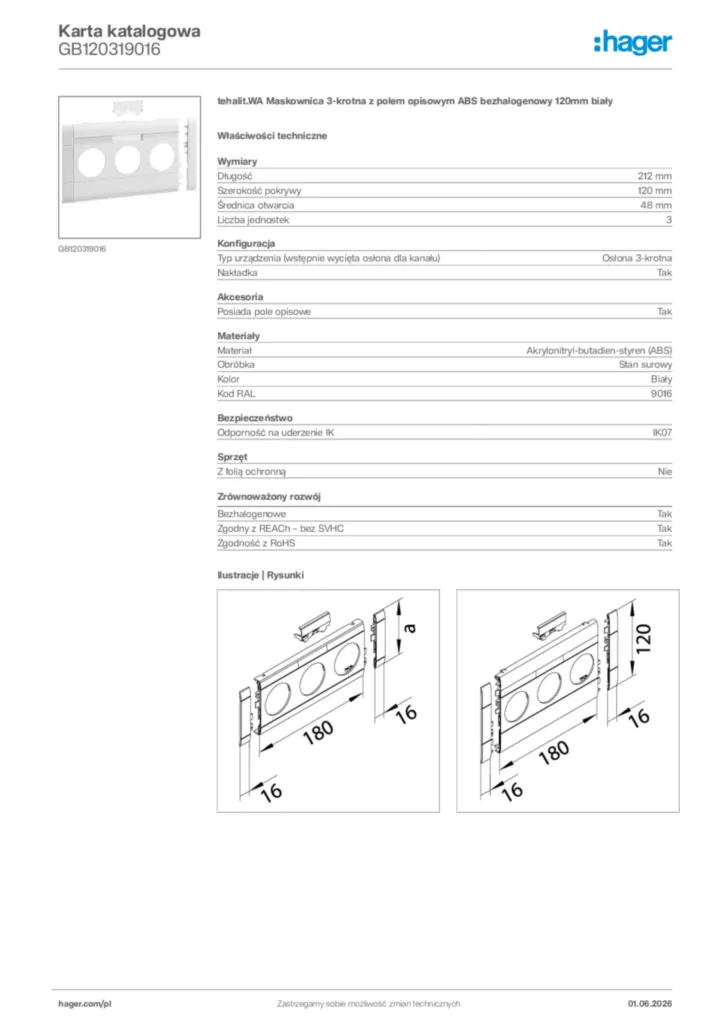 Zdjęcie Hager Karta katalogowa GB120319016 | Hager Polska