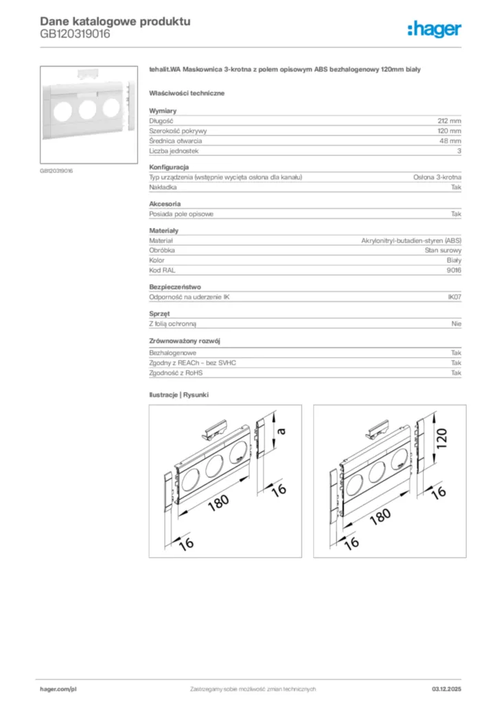 Zdjęcie Hager Dane katalogowe produktu GB120319016 | Hager Polska