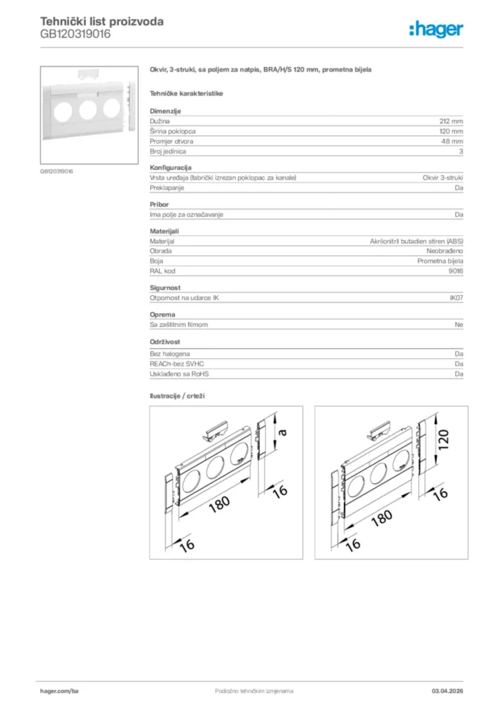 Slika Hager Tehnički list proizvoda GB120319016  | Hager