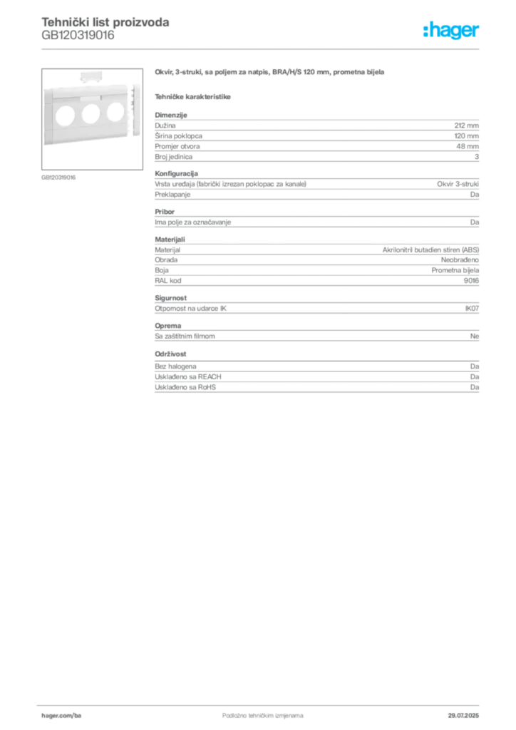 Slika Hager Product data sheet GB120319016  | Hager