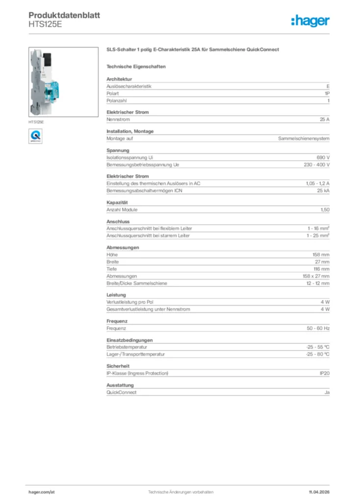 Bild Hager Produktdatenblatt HTS125E | Hager Deutschland