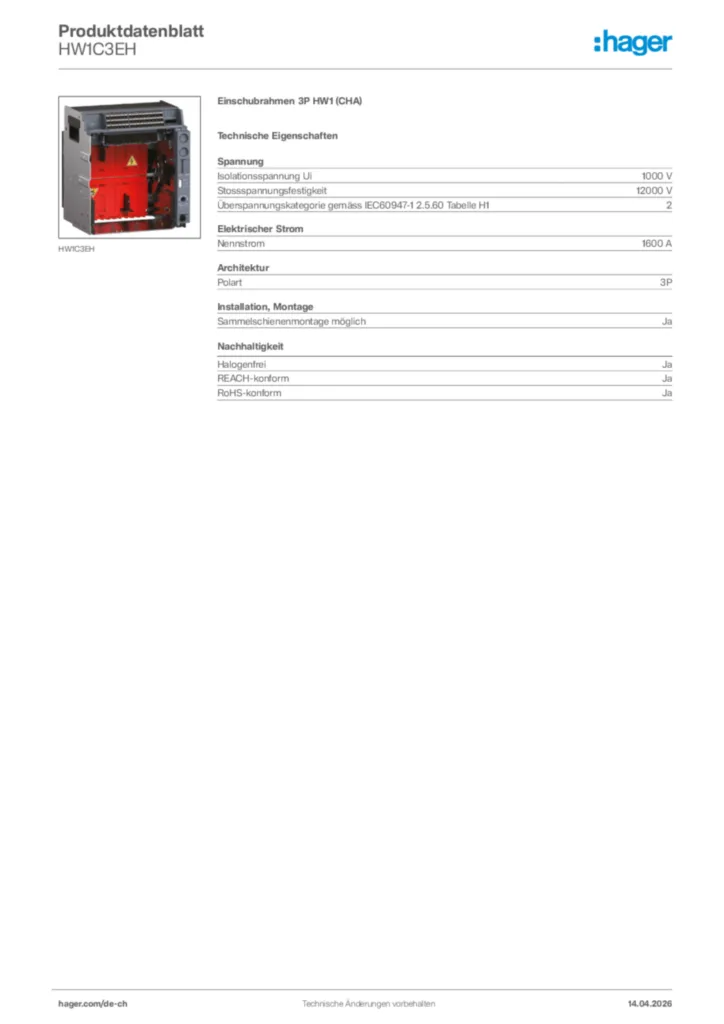Bild Hager Produktdatenblatt HW1C3EH | Hager Schweiz
