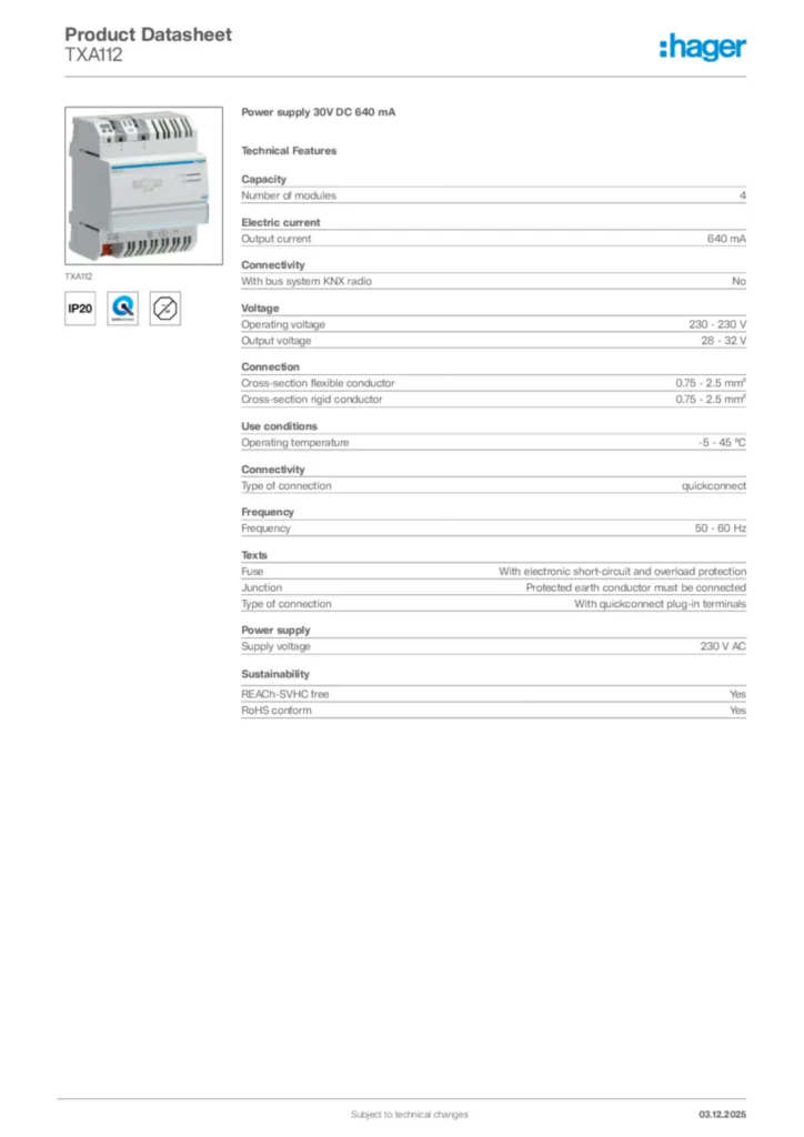 Image Hager Product data sheet TXA112  | Hager