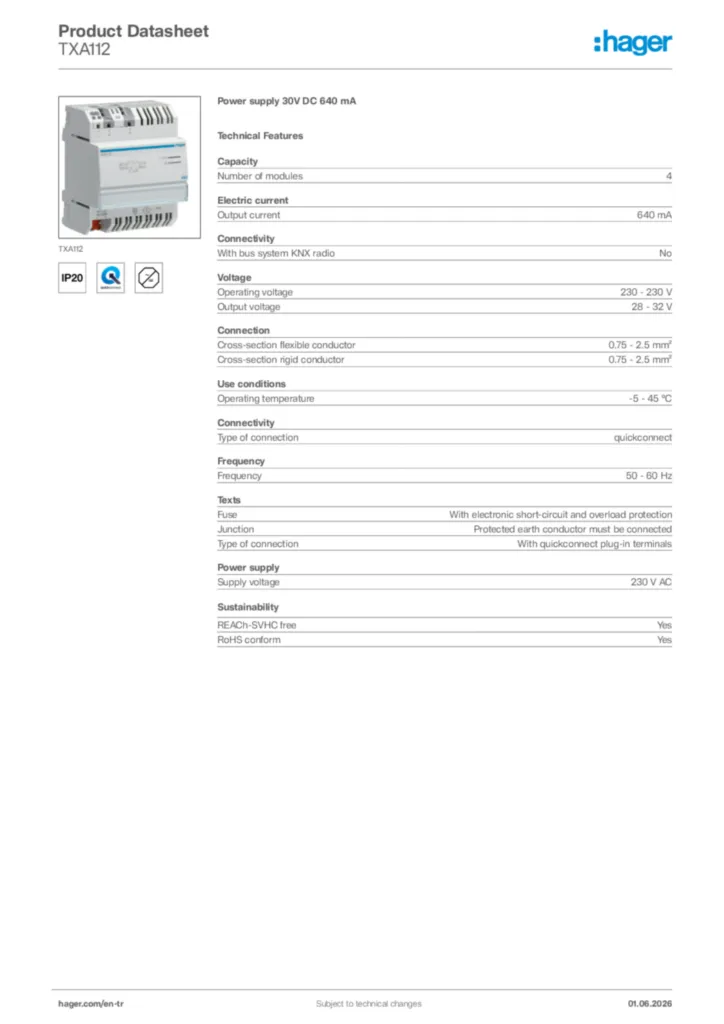 Image Hager Product data sheet TXA112  | Hager
