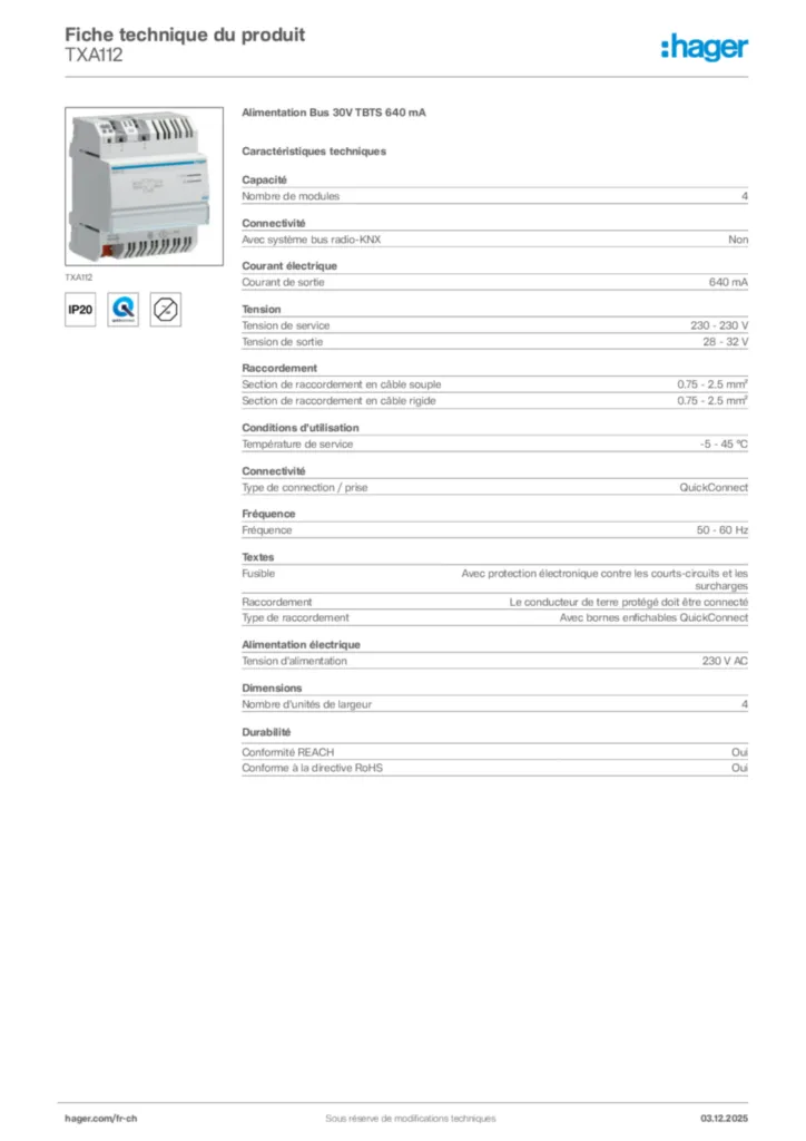 Image Hager Fiche technique du produit TXA112 | Hager Suisse