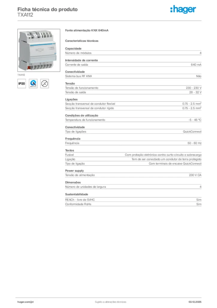 Imagem Hager Ficha técnica do produto TXA112 | Hager Portugal