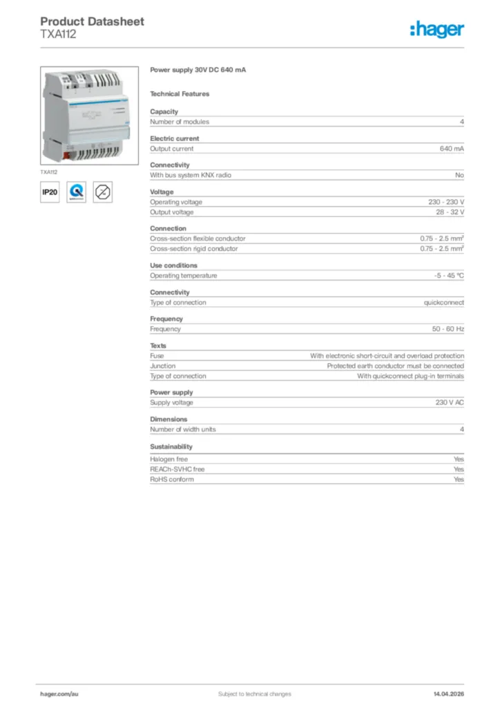 Image Hager Product data sheet TXA112  | Hager Australia