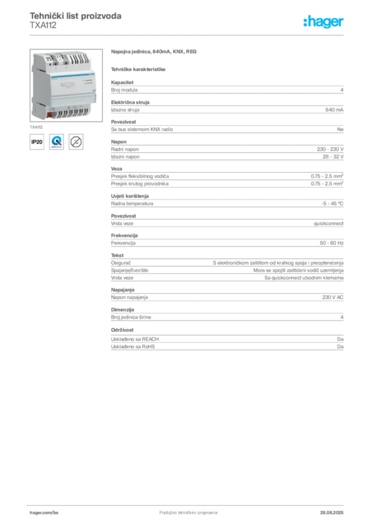 Slika Hager Product data sheet TXA112  | Hager