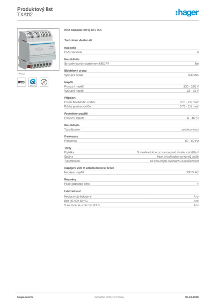 Obrázek Hager Product data sheet TXA112 | Hager