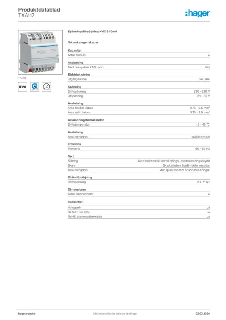 Bild Hager Produktdatablad TXA112 | Hager Sverige