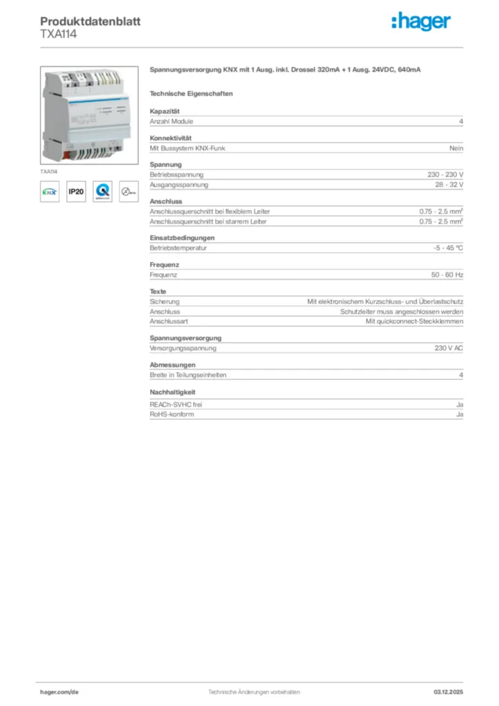 Hager Produktdatenblatt TXA114