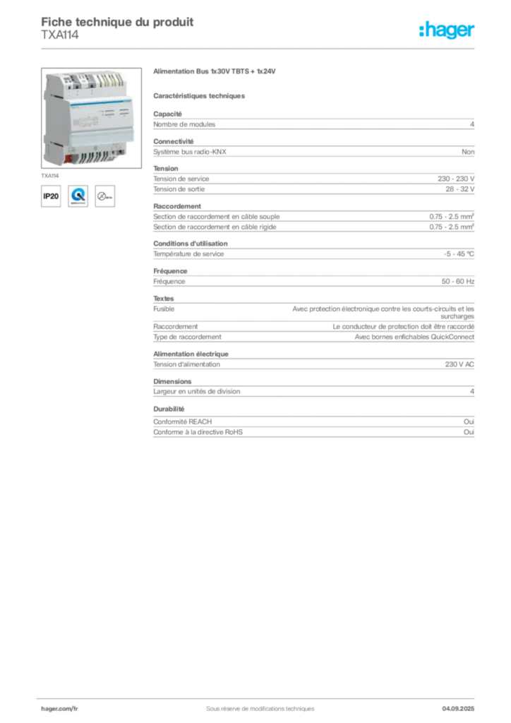 Image Hager Fiche technique du produit TXA114 | Hager France