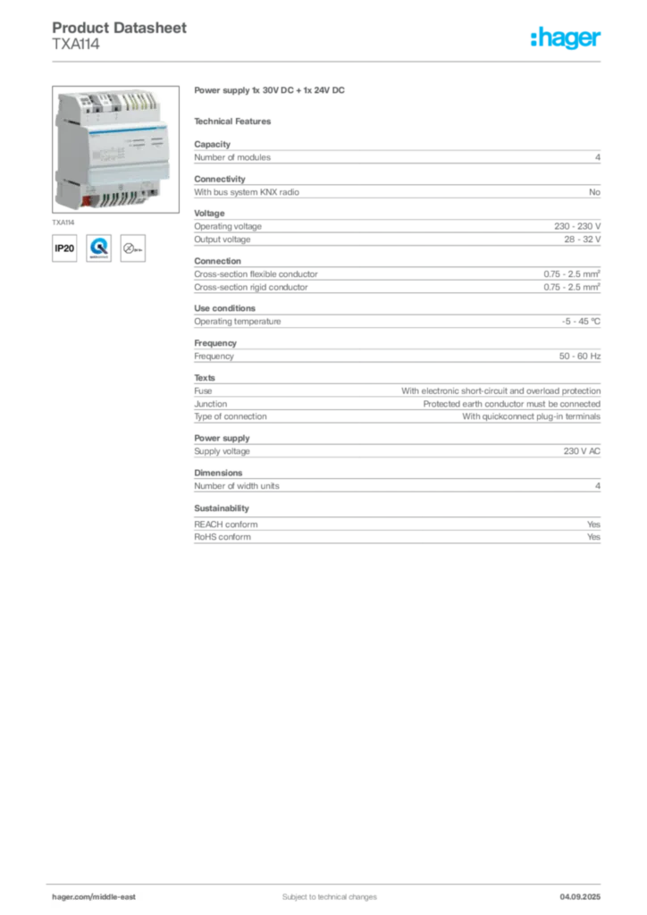Image Hager Product data sheet TXA114  | Hager