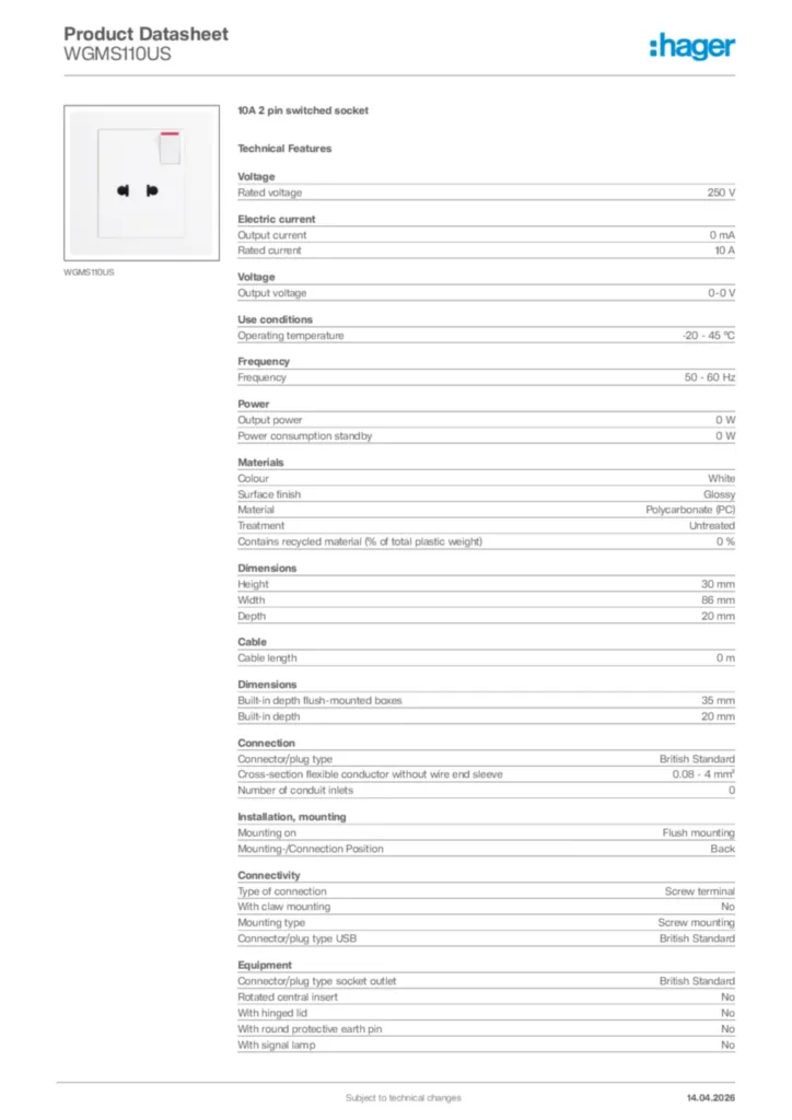 Image Hager Product data sheet WGMS110US  | Hager Africa