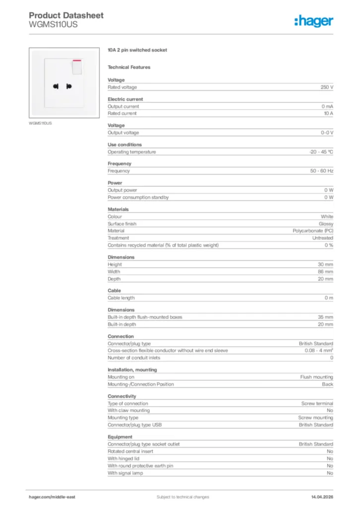 Image Hager Product data sheet WGMS110US  | Hager