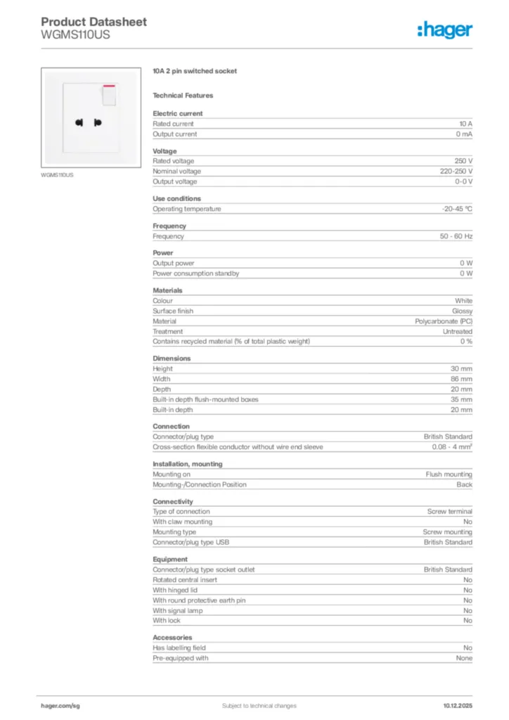 Image Hager Product data sheet WGMS110US  | Hager