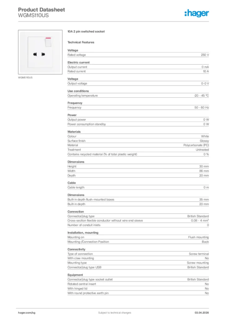Image Hager Product data sheet WGMS110US  | Hager