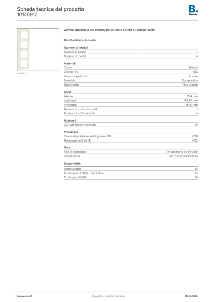 Immagine Berker Scheda tecnica del prodotto 10148912 | Hager Italia