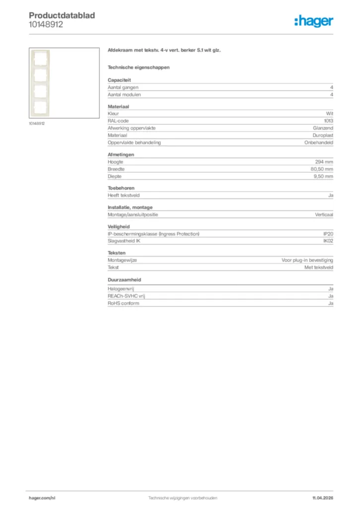 Afbeelding Hager Productdatablad 10148912 | Hager Nederland