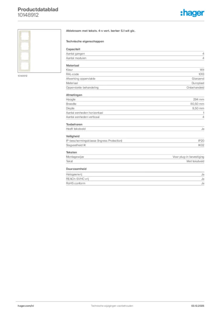 Afbeelding Hager Productdatablad 10148912 | Hager Nederland