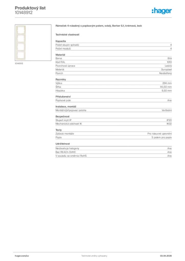Obrázek Hager Product data sheet 10148912 | Hager