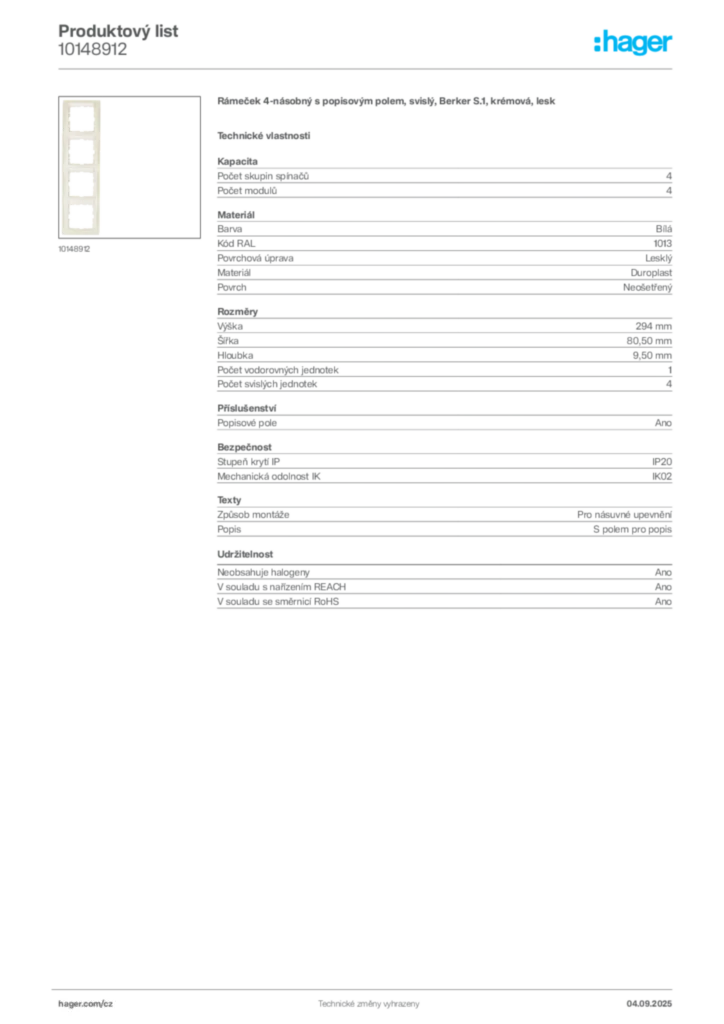 Obrázek Hager Product data sheet 10148912 | Hager