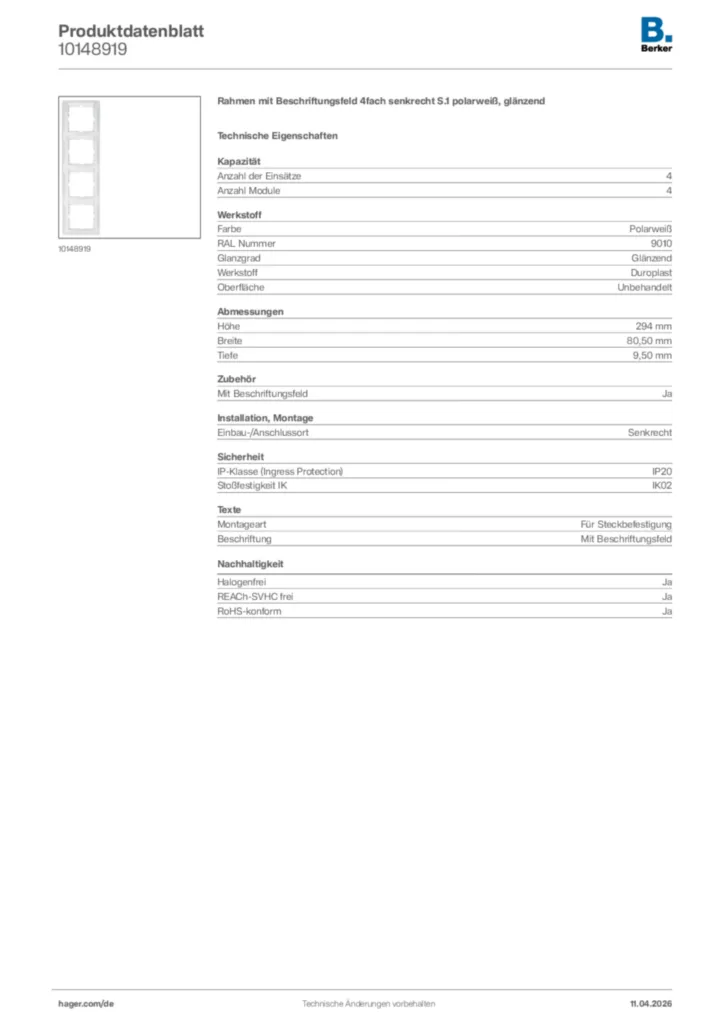 Bild Berker Produktdatenblatt 10148919 | Hager Deutschland
