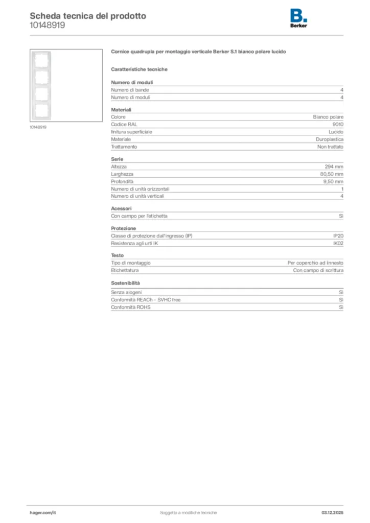 Immagine Berker Scheda tecnica del prodotto 10148919 | Hager Italia