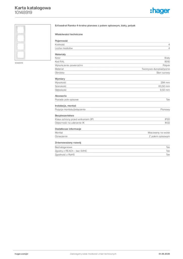 Zdjęcie Hager Karta katalogowa 10148919 | Hager Polska