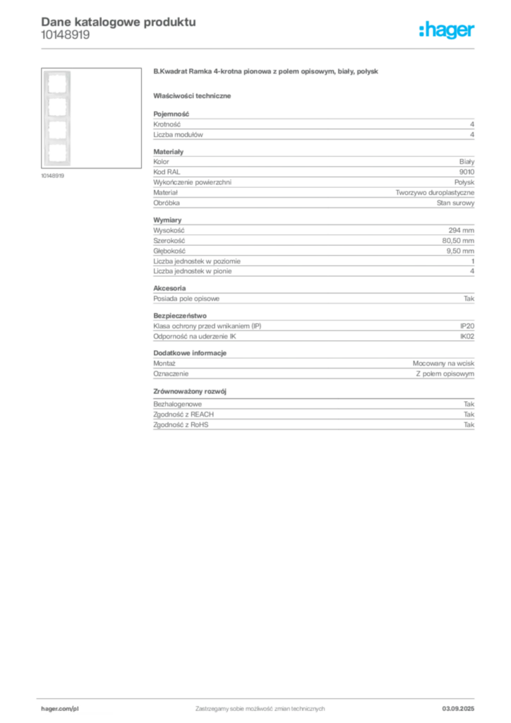 Zdjęcie Hager Dane katalogowe produktu 10148919 | Hager Polska
